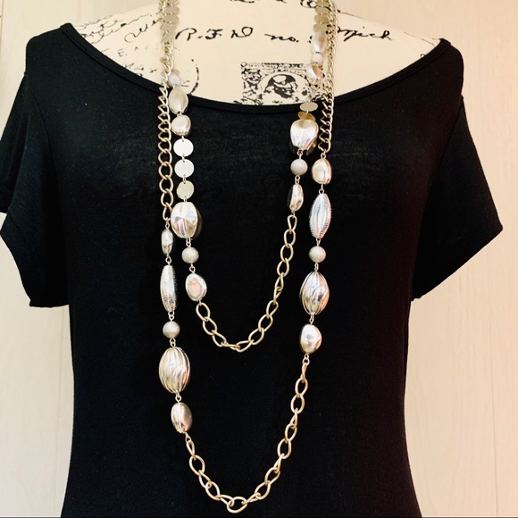 Chico's Jewelry - Chico’s Double Chain & Bead Silver Plate Necklace
